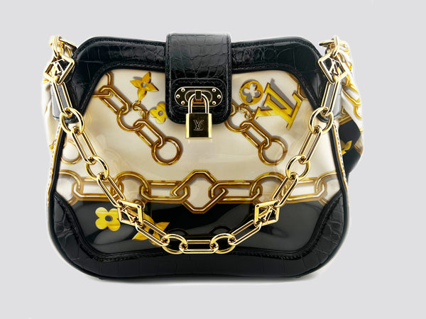 LOUIS VUITTON WHITE MONOGRAM CHARMS LINDA ALLIGATOR TRIM CHAINS BAG